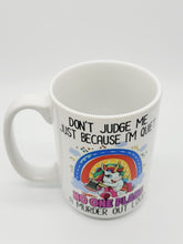 Load image into Gallery viewer, "Don't Judge Me Because I'm Quiet..." Funny Cartoon Unicorn Coffee Mug