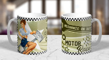 Load image into Gallery viewer, 11oz/15oz Ceramic Retro "Mechanic On Duty" Classic Pinup Automotive Coffee Cup