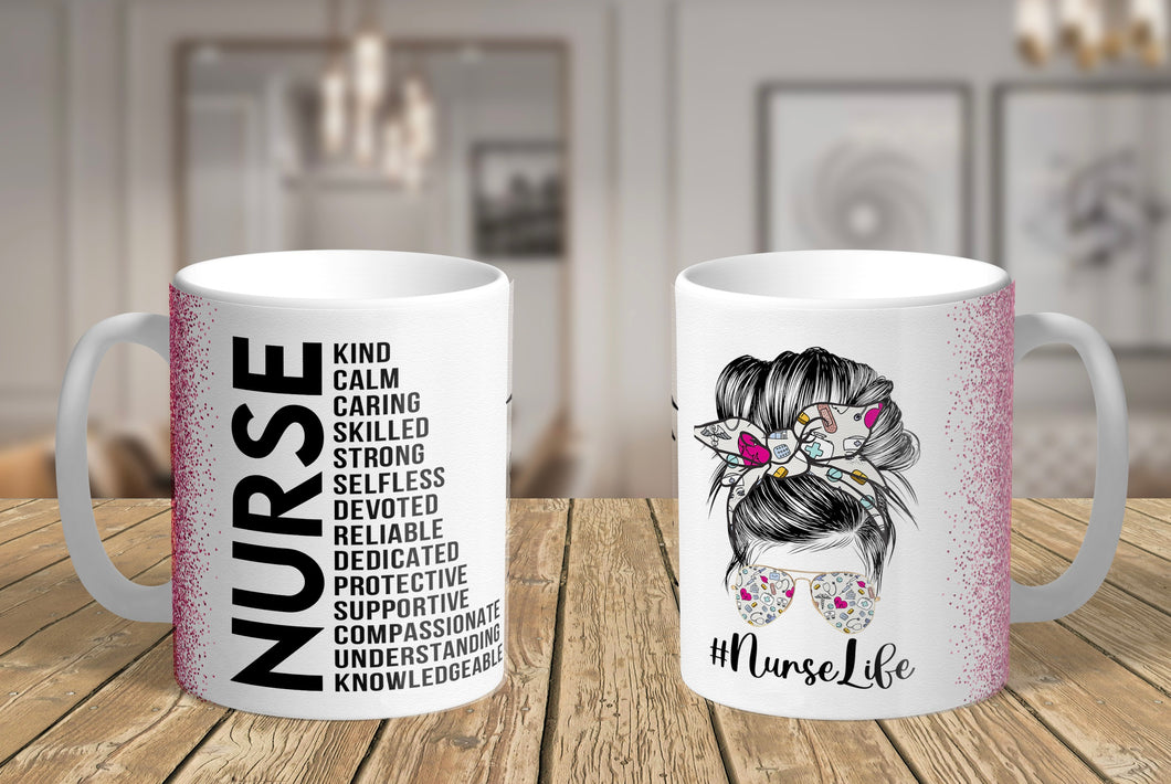 11oz/15oz Ceramic Nurse Life Coffee Mug: Nurse Life Pink Glitter Coffee Cup