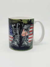 Load image into Gallery viewer, USA Flag and Military Boots Ceramic Coffee Mug: United States Military Coffee Cup
