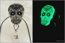 Load image into Gallery viewer, Glow in the Collapsable Dark Sugar Skull Badge Reel
