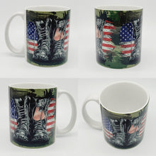 Load image into Gallery viewer, USA Flag and Military Boots Ceramic Coffee Mug: United States Military Coffee Cup

