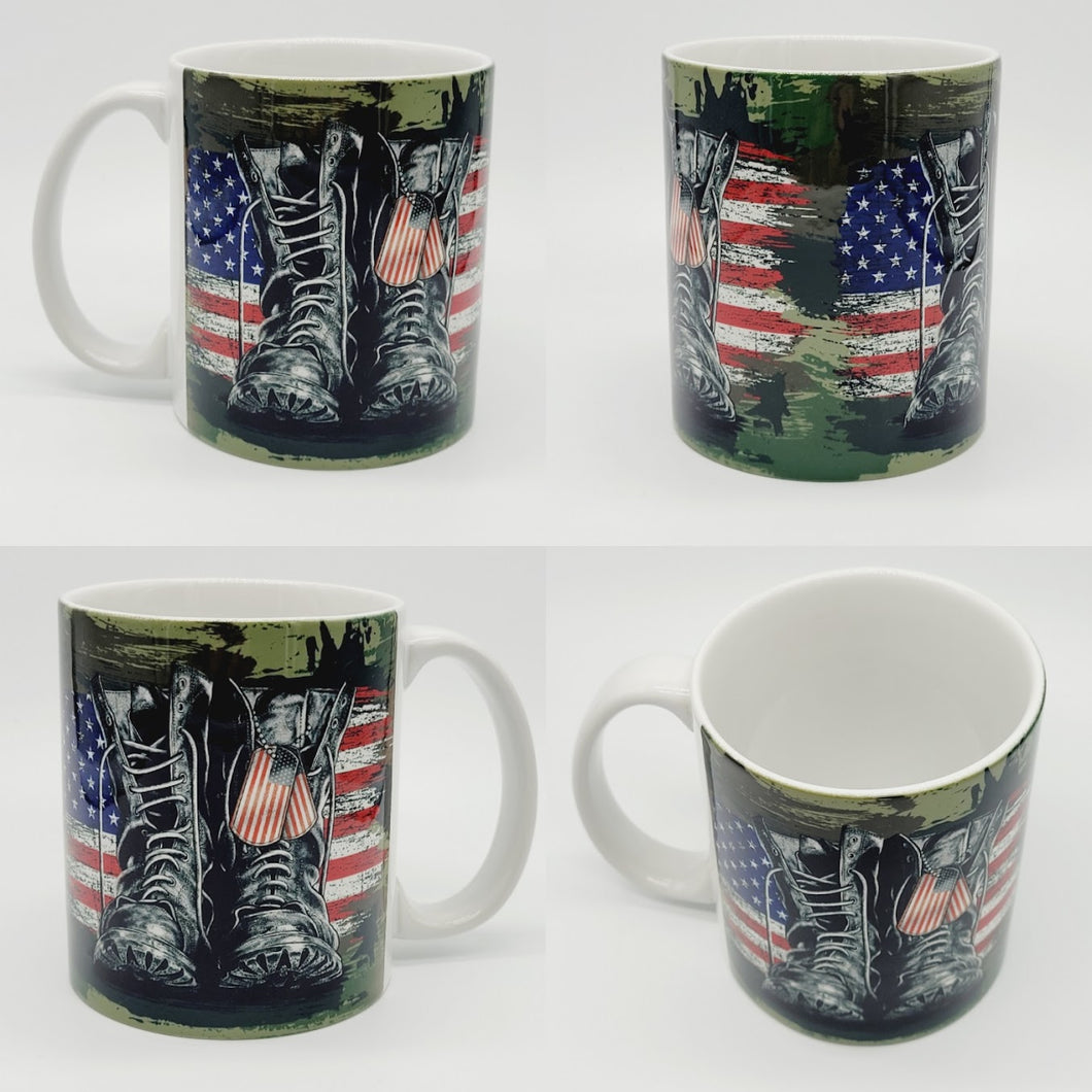 USA Flag and Military Boots Ceramic Coffee Mug: United States Military Coffee Cup