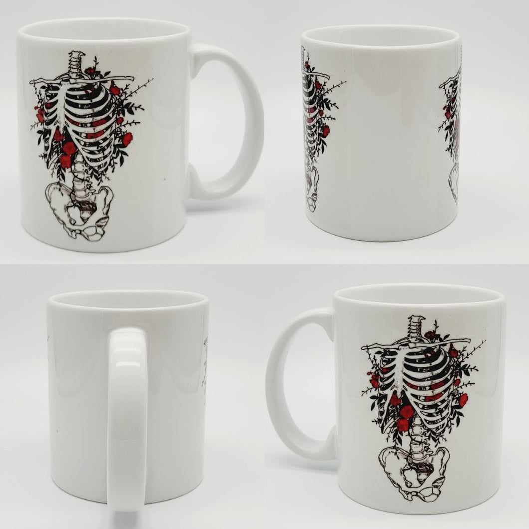 11oz/15oz Skeleton With Roses Ceramic Coffee Mug: Skeleton Coffee Cup