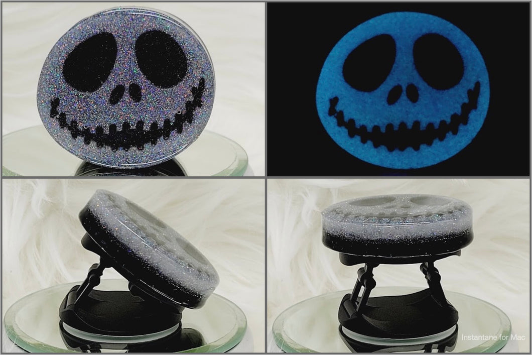 Jack Skeleton Collapsable Phone Grip with Glow In The Dark Iridescent Glitter.