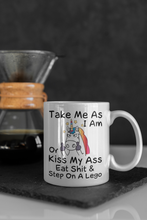 Load image into Gallery viewer, &quot;Take Me As I Am or Kiss My A** Eat Sh*t and Step on a Lego&quot; Funny Cartoon Coffee Mug
