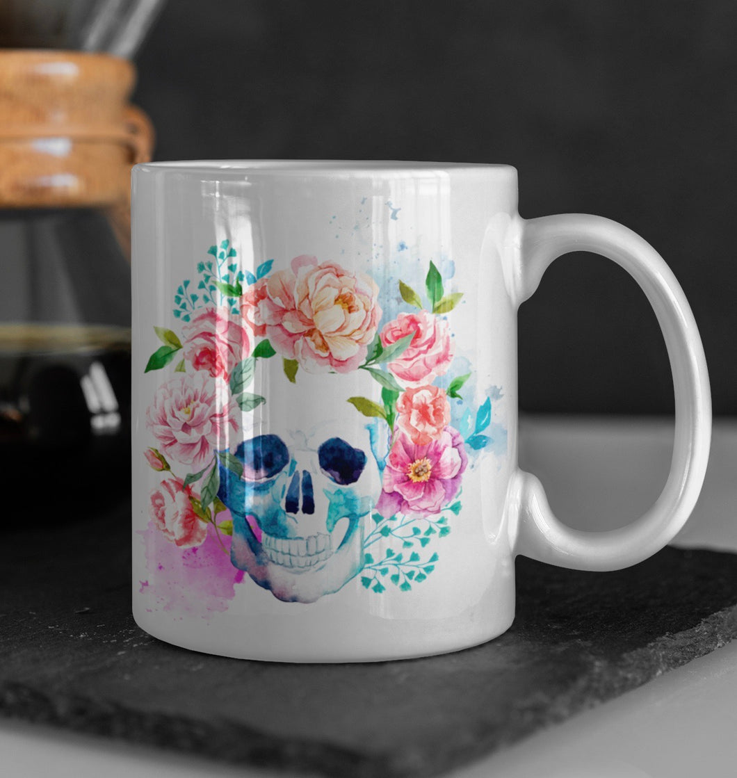 Floral Gothic Skull Ceramic Coffee Mug